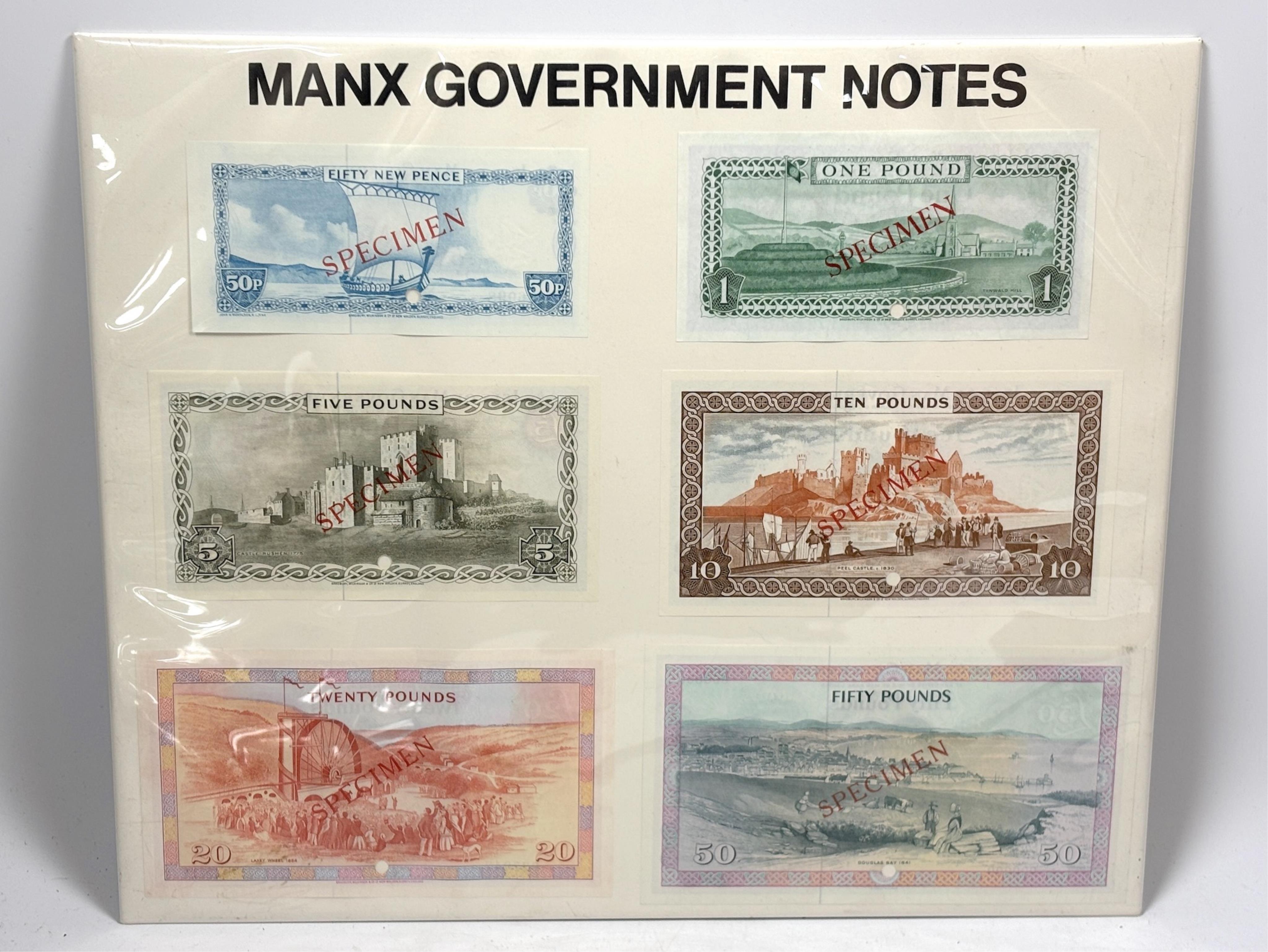 World Banknotes, Isle of Man government, scarce set of six specimen Manx government notes fifty new pence to fifty pounds, c.1972, signed Dawson, in acrylic frame